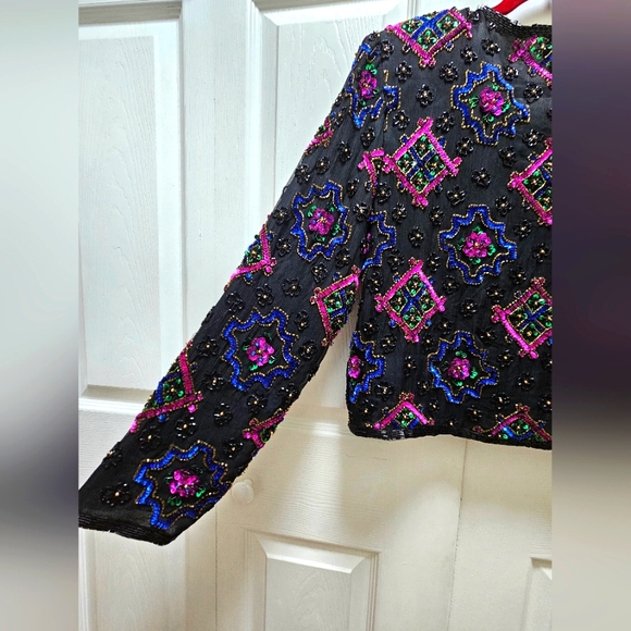 Vtg 80s-90s Stenay Women's Silk Jacket Embellished Intricate sequins Beadwork, S - Picture 3 of 9